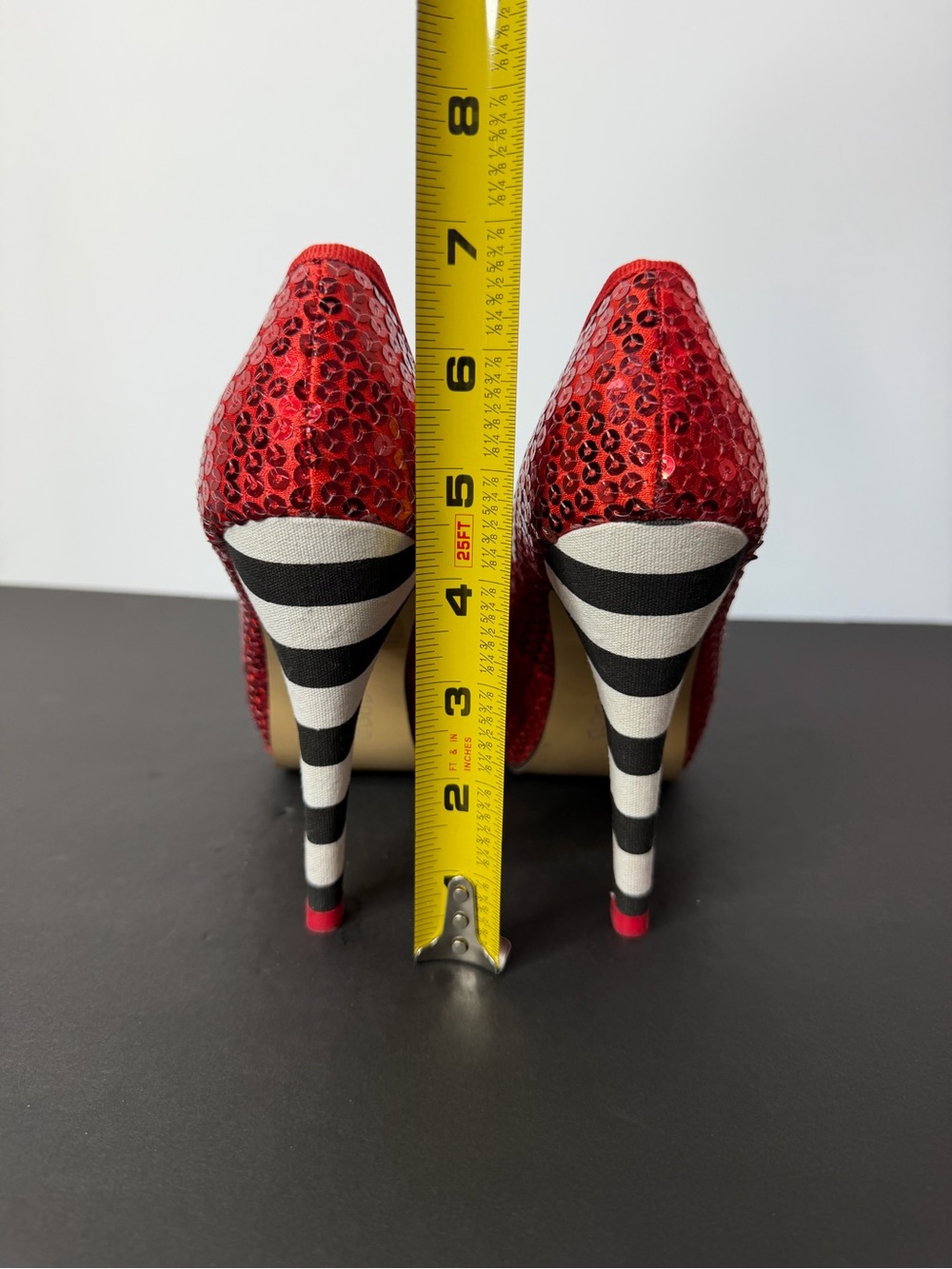 Iron Fist Red Sequin Peep-Toe Heels with Black-and-White Striped Heel - Picture 5 of 6